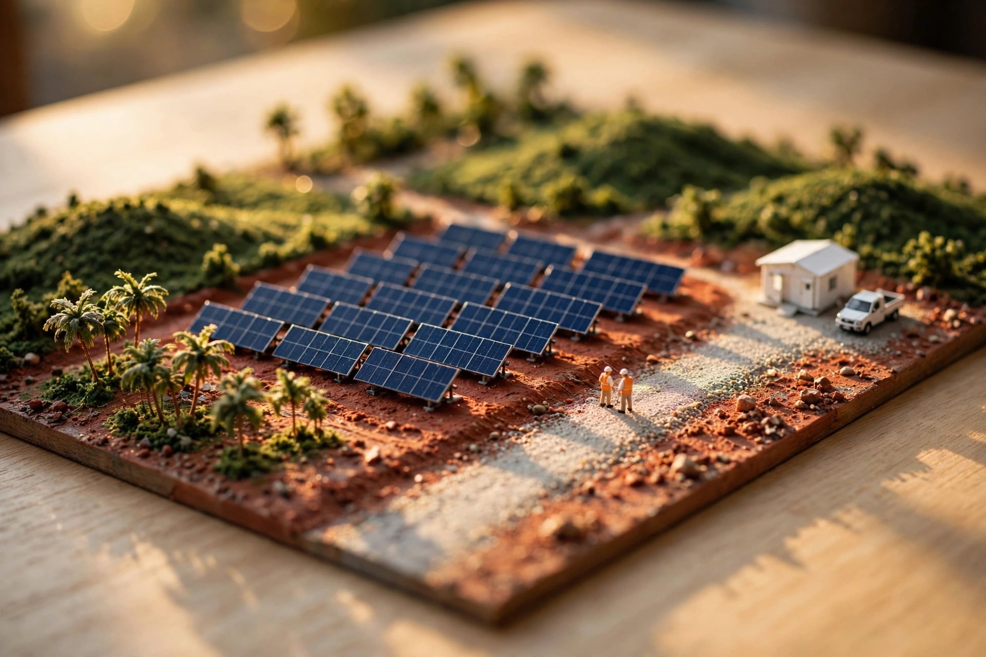 A 1:1,000,000 scale model of Founder Group Limited's solar farm, on a tabletop